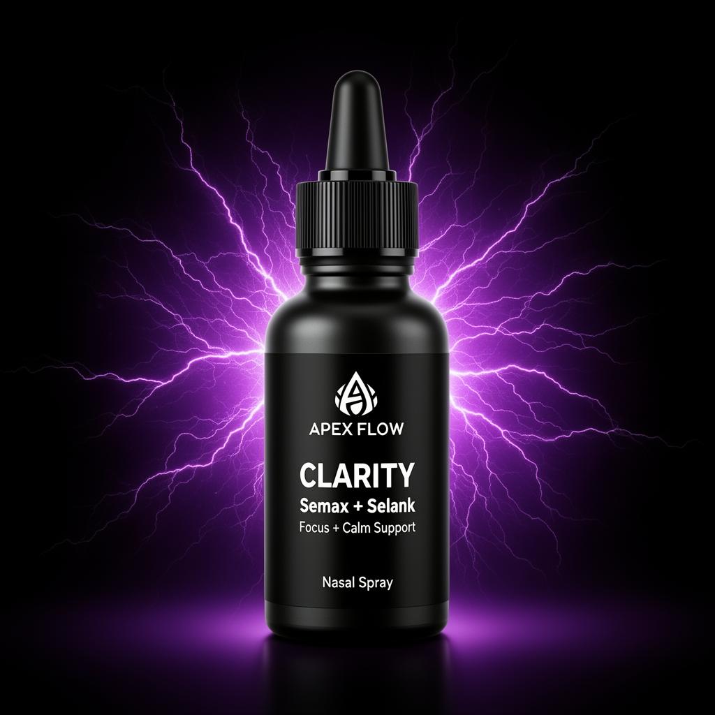 APEX FLOW Clarity premium nasal spray bottle with blue and purple cinematic glow
