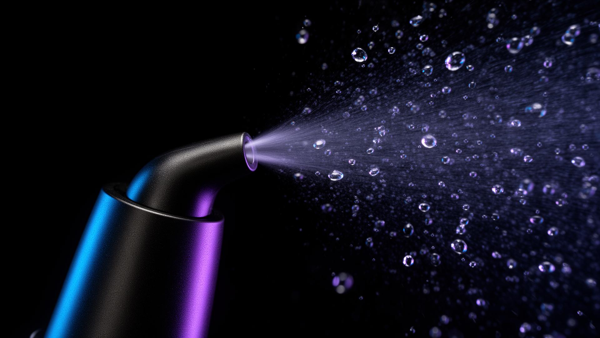 Macro close-up of APEX FLOW nasal spray nozzle releasing fine mist with water droplets